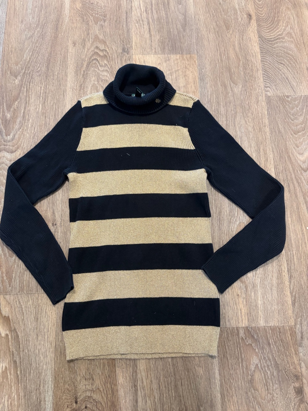 Lauren Ralph Lauren Black and Tan Striped Knit Sweater